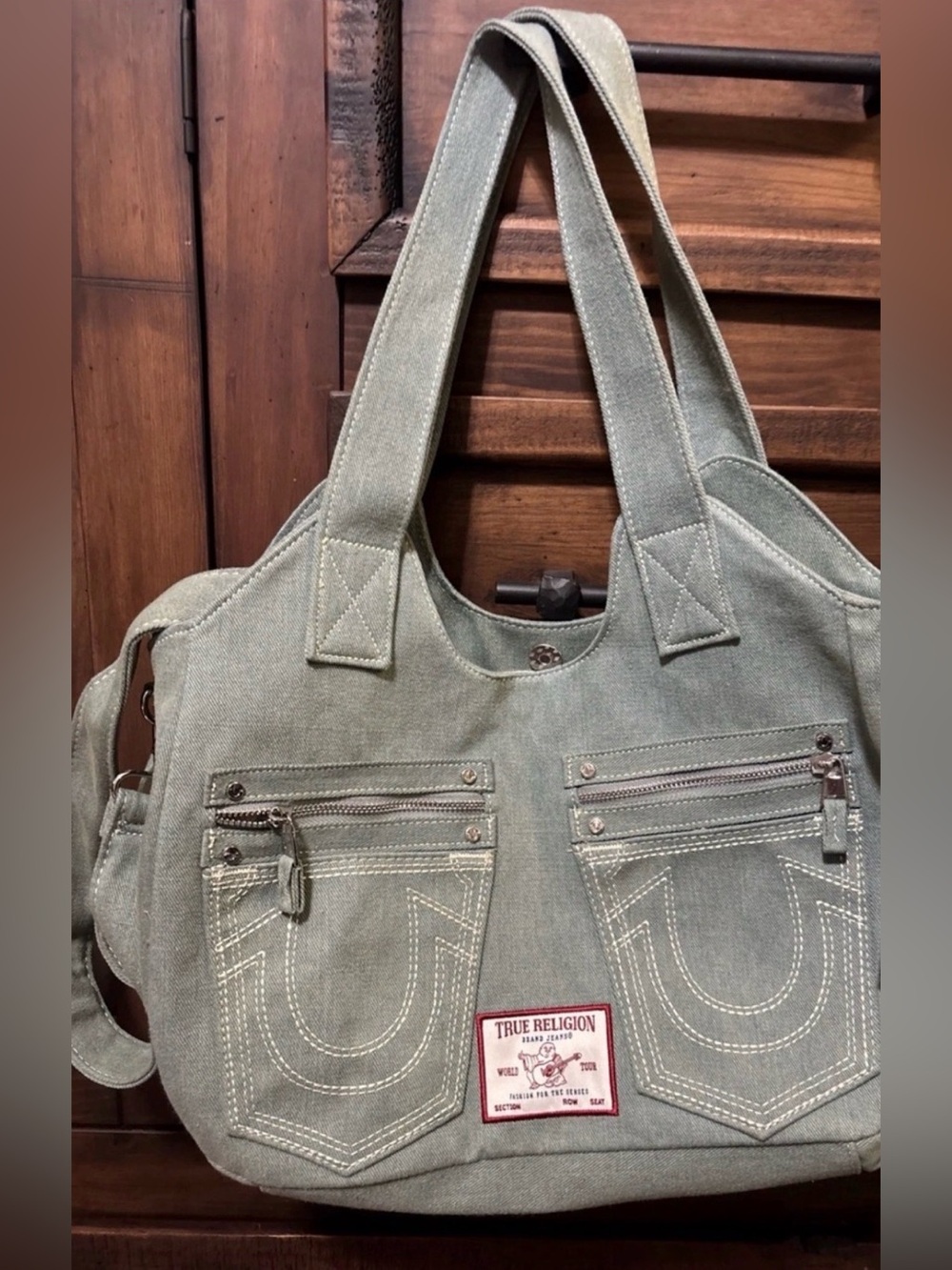 True Religion Horseshoe Stitch Sage Green Denim Satchel/Hobo Bag is NWOT